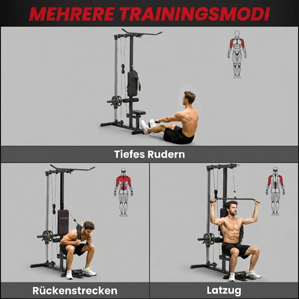 Lat pulldown- og romaskine 140x108x197 cm sort