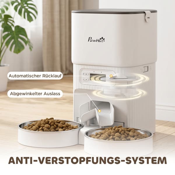 Automatisk kattefodrer med timer 2 rustfri stålfade 33x30,5x30 cm hvid