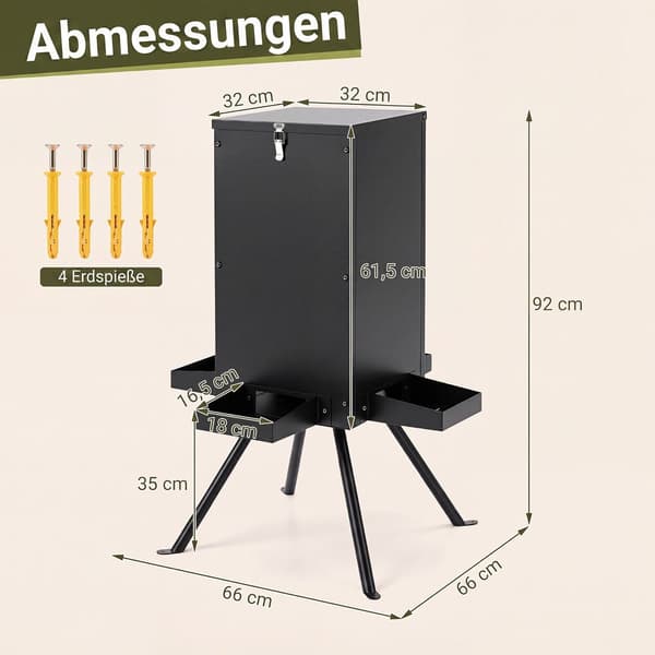 Gravitationsfoderautomat til vildt med 4 foderbakker og 4-benet stativ, sort