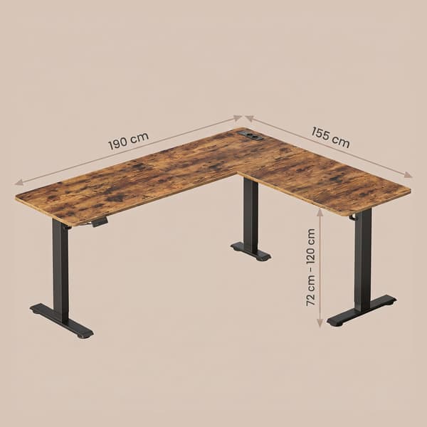 L-format hörnskrivbord, höj- och sänkbart skrivbord, 190 x 155 cm