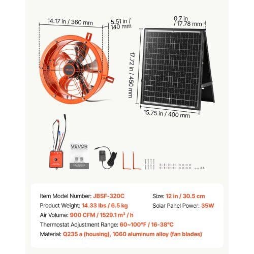 Loftventilator, solenergi, 30.5 cm, 900 CFM, med termostat, orange