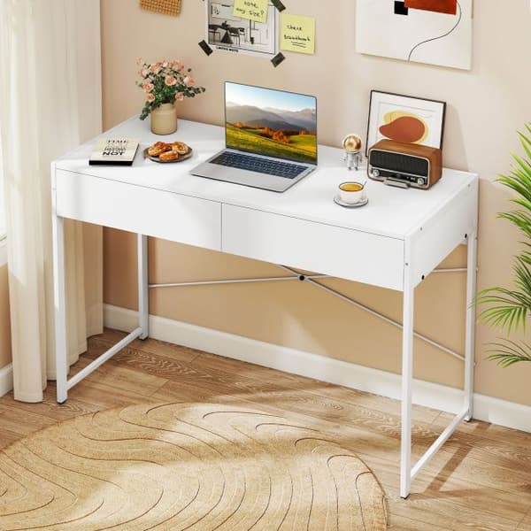Computerbord med 2 skuffer 111x48x76 cm hvid