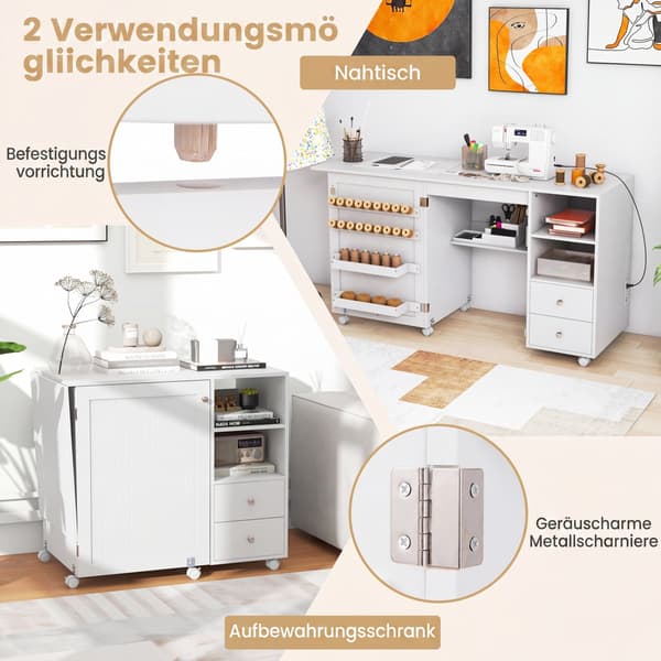 Sybord med hjul, foldbart 146x50x78 cm hvid