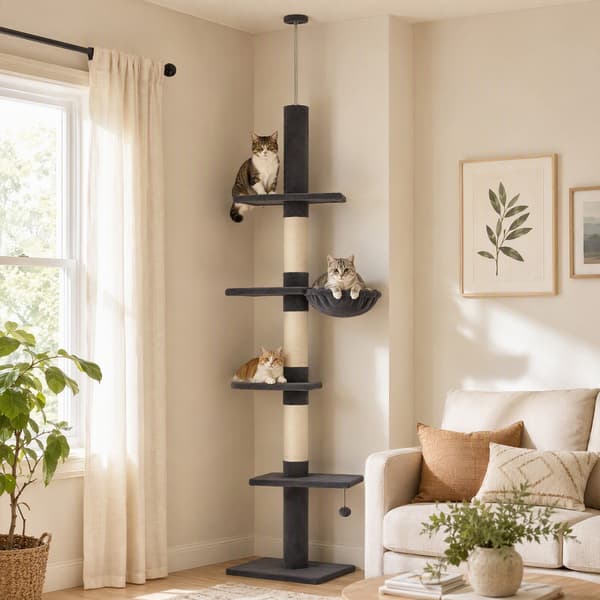 Kradsetræ til loftet, justerbart 225-255 cm, 5 niveauer, med 3 sisalstolper