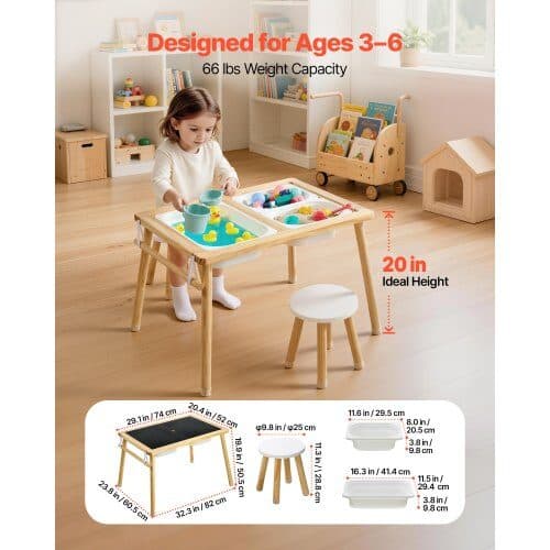 Sensoriskt bordset med 2 pallar 81,5x60x50,5 cm trä
