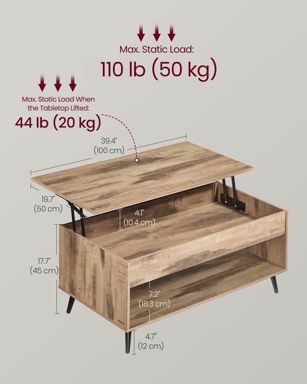 Lift-Top sofabord 100x50x45-58,5 cm kamelbrun