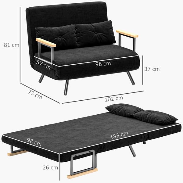 Bäddsoffa, 2-sits, sammetsliknande klädsel, 2 kuddar, svart