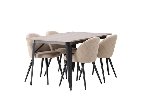 Spisebord og stol sæt Tempe 140x80 cm Sort valnød Beige stof