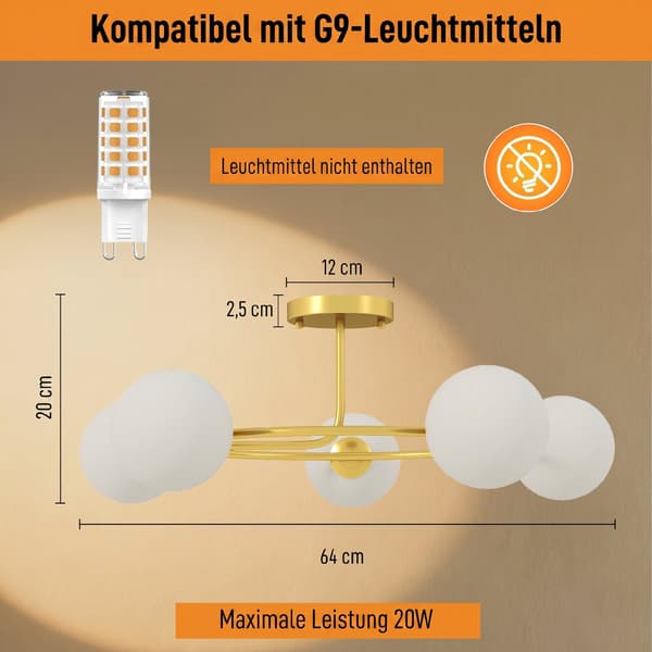 Loftlampe 5 G9 fatninger Ø64x20 cm guld/hvid
