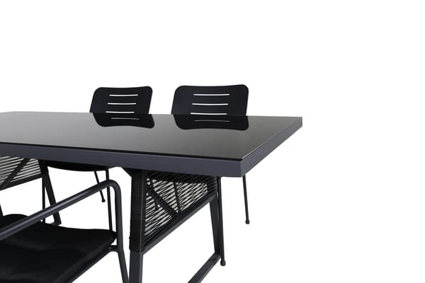 Spisegruppe, bord 77 x 193 x 90, glas/polyester/stål, sort