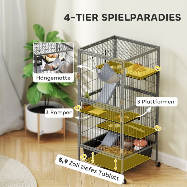 Bur för smådjur 4-våningsbur 52x52x115 cm Grå plast