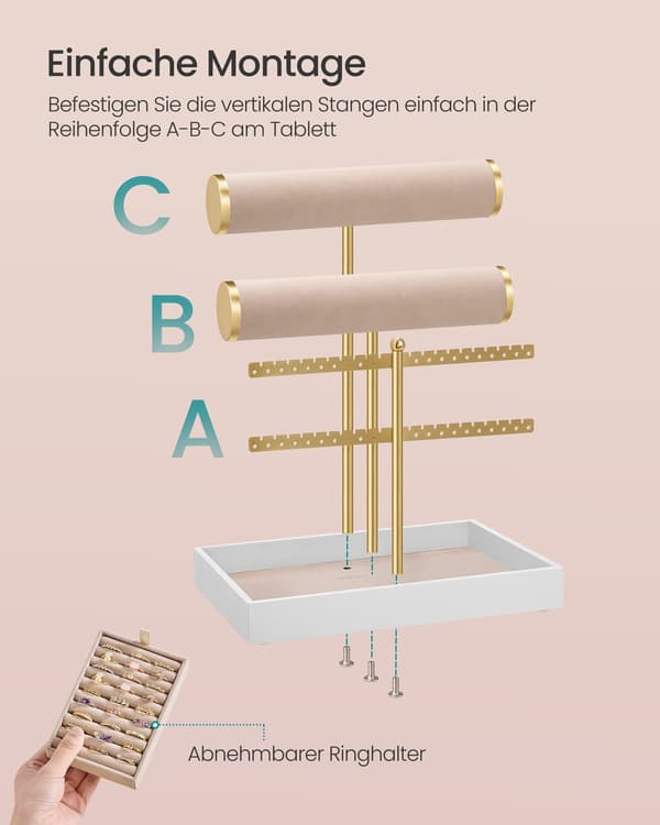 Smyckeshållare med bricka, sammet, blekguld-kamelbrun
