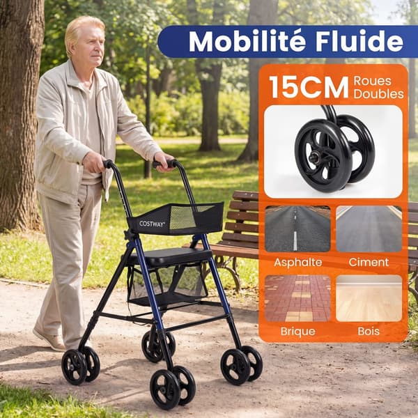Sammenklappelig 4-hjulet rollator 59x64x75,5-93 cm blå/sort