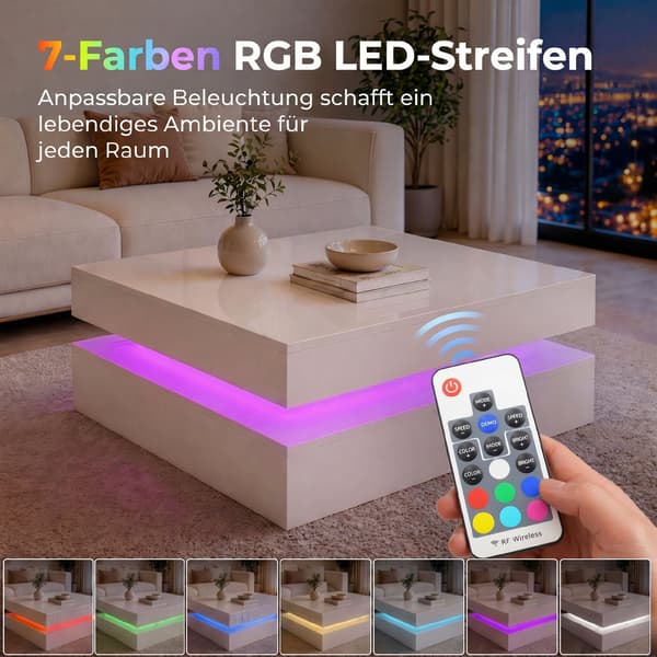 LED-soffbord med förvaring 78x78x40 cm högblank vit
