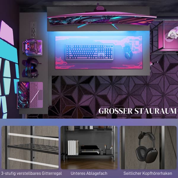 Hjørneskrivebord 107x80x90 cm Sort LED-belysning
