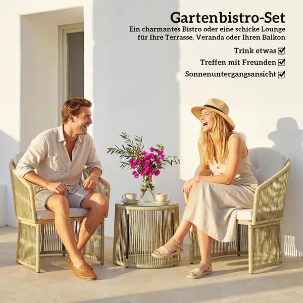 Rattan Bistro Set 3-delars Trädgårdsmöbelset Krämvit