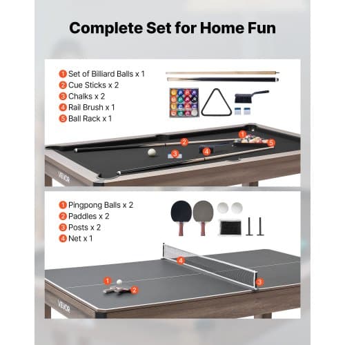 Poolbord kombisæt, 3-i-1 multispillebord 214 cm, grå, MDF
