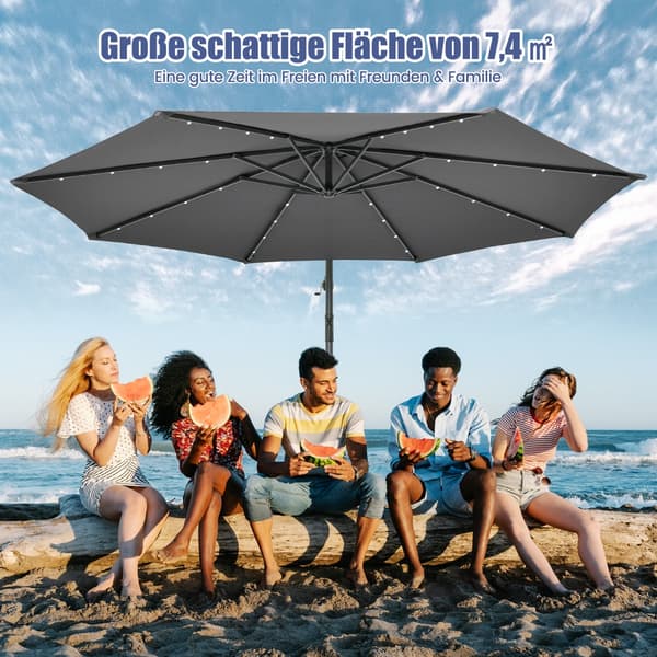 Parasol med solcelle-LED-lys og sandposer Ø300 cm grå