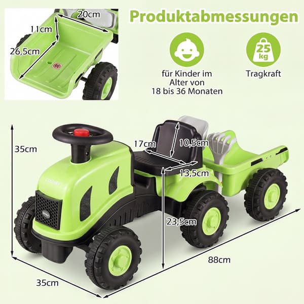 Børnebil med trailer og gåvogn, 88x35x35 cm, grøn/sort
