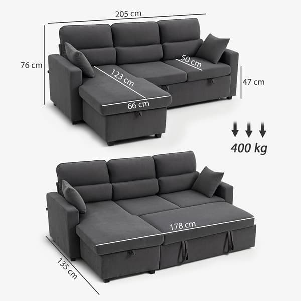 Bäddsoffa, L-formad gästssoffa 205x135x76 cm, mörkgrå, förvaring