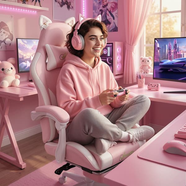Gamingstol, 63,5x53x118-128 cm, Rosa, Konstläder