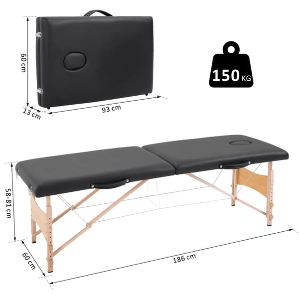 Massagestol, 186x60x58-81 cm, Sort, sammenklappelig