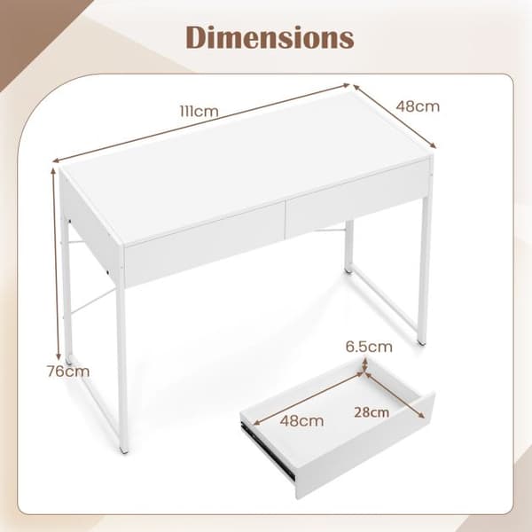 Computerbord med 2 skuffer 111x48x76 cm hvid
