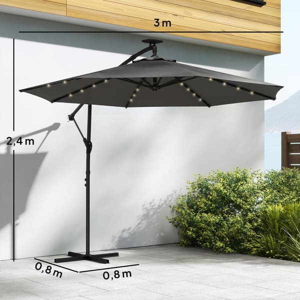 Cantilever Paraply 300x300x240 cm Mörkgrå, LED, Solcell, Polyester