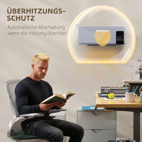 Elektrisk varmeapparat, vægmontering, svingfunktion, 2 tilstande, timer, LED-display, grå