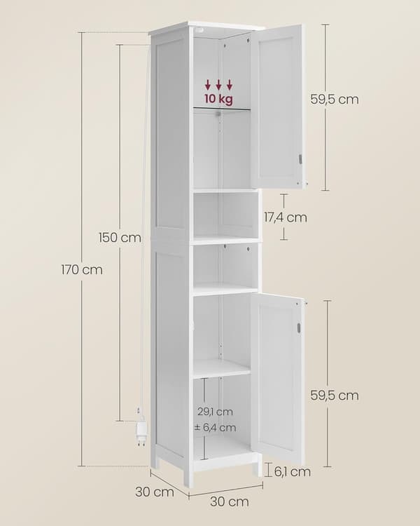 Badrumsskåp 30x30x170 cm Vit MDF