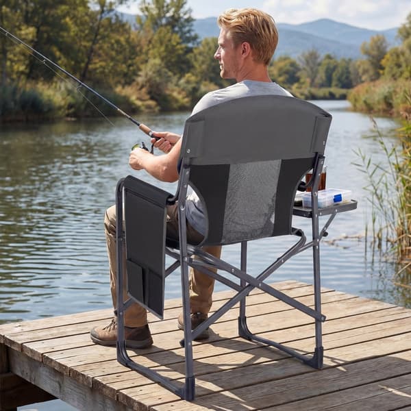 Sammenklappelig campingstol med sidebord 82,6x49,5x101,6 cm sort/grå