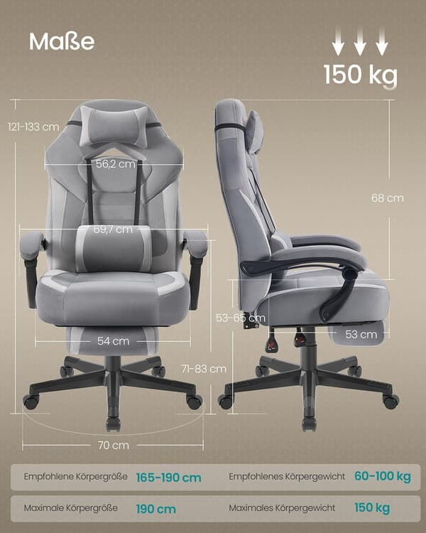 Gamingstol 72,4x69,7x118-128 cm grå, ergonomisk design