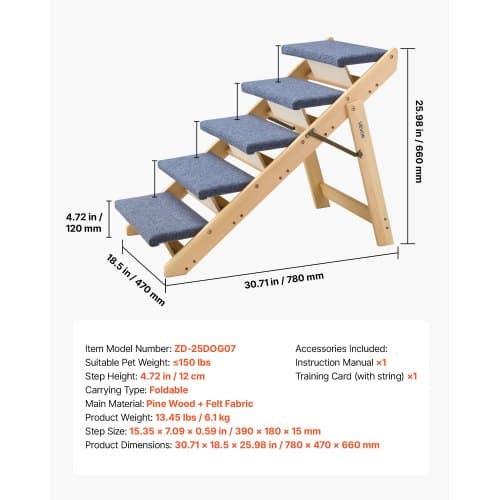Kæledyrstrappe, 5-trins foldbart trædesign, 78x47x66 cm, brun