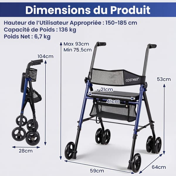 Sammenklappelig 4-hjulet rollator 59x64x75,5-93 cm blå/sort