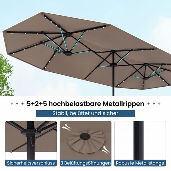 Dobbelt-sidet parasol med 36 solcellelys 405x210x225 cm lys brun