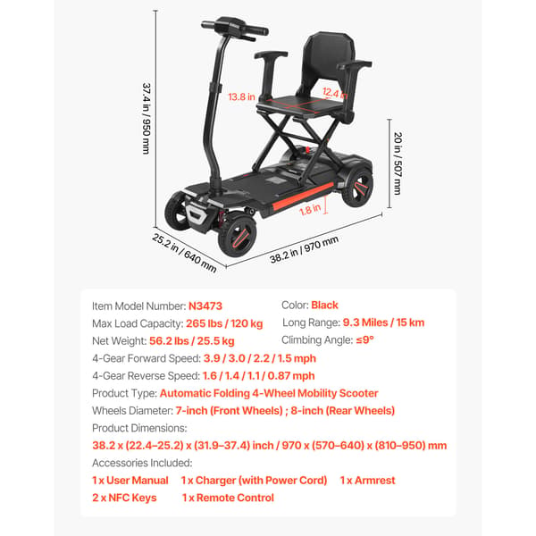 Elektrisk mobilitetsscooter, 97x57x81 cm, Sort, Sammenklappelig