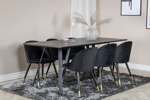 Spisebord og sæt med velour spisebordsstol, sort