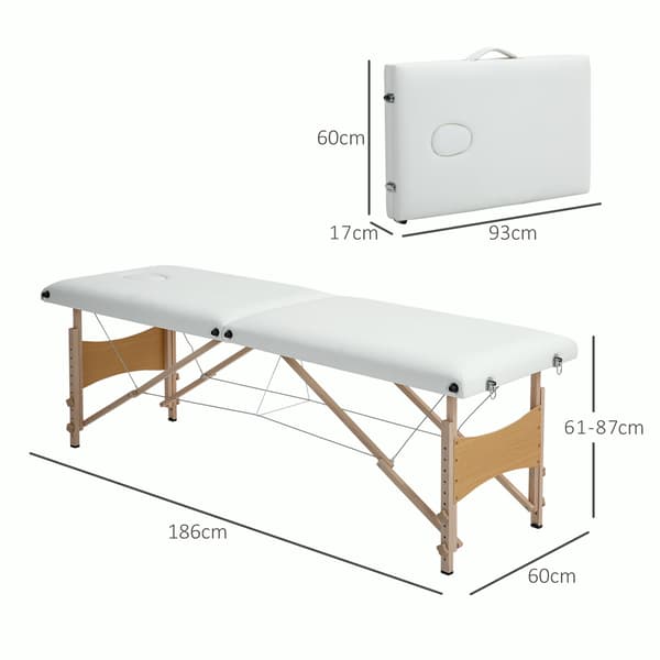 Massagebord 2 zoner, hopfällbart, höjdjusterbart 186x60x61-87 cm, krämvit