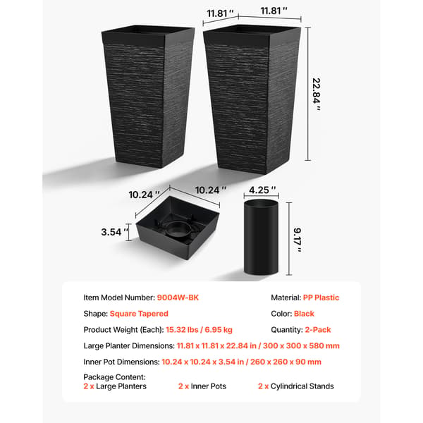Planter Sæt 2 Stk 30x30x58 cm Sort Plastik