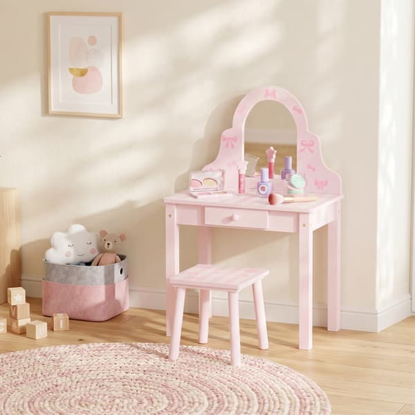Barns sminkbordset 2-i-1 med pall 55x34x82 cm rosa/vit