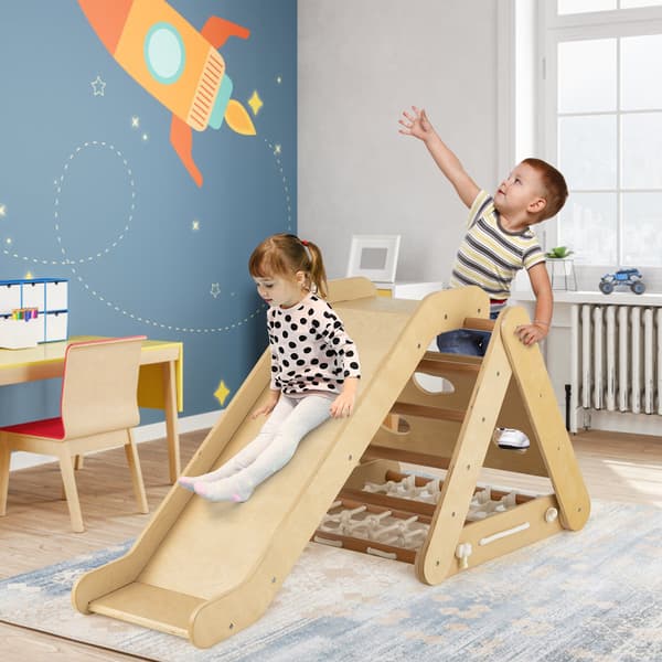 Triangle Climber -lelu 4-in-1 liukumäellä ja kiipeilyverkolla luonnonvärinen