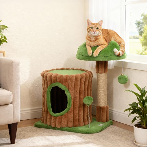 Kradsetræ, 53 cm, med hule og stammedesign, jutestolper, 2 bolde, til 1-2 katte under 5 kg, brun/grøn