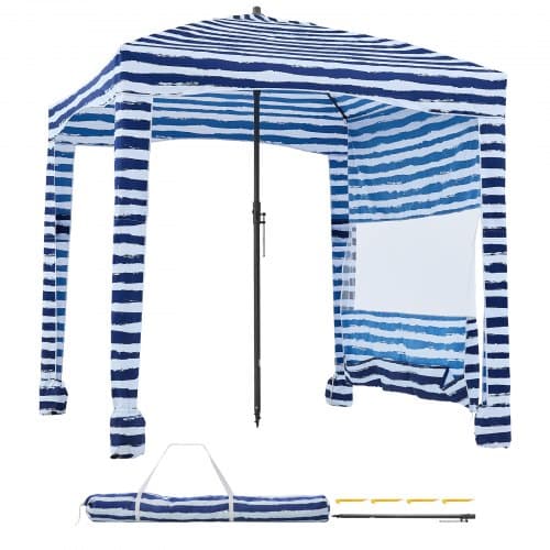 Rantakabana 183x183x229 cm, laivastonsiniset raidat, auringonsuoja