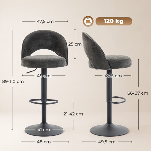 Barstole 2 stk. 48x49,5x89-110 cm mørkegrå/sort
