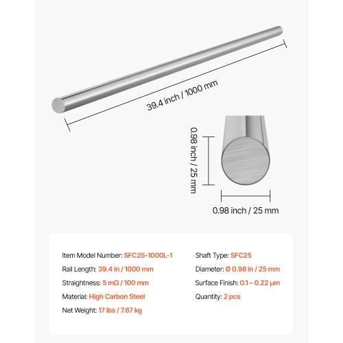 Linear rörelsestång, 25x1000 mm, kolstål, hög precision, 2 stycken