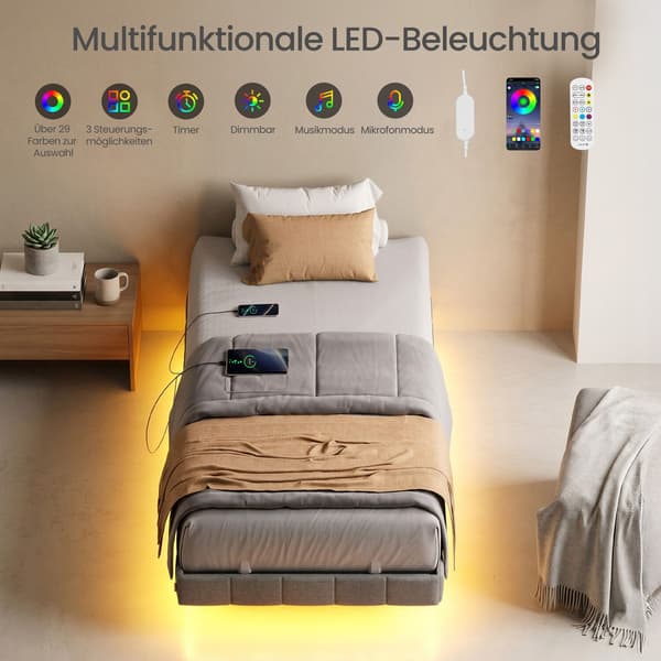 Sängynrunko 90 x 200 cm, LED-valaistuksella