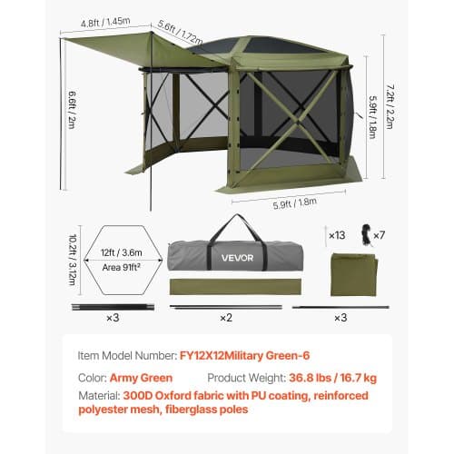 Pavillon med insektnet 3,6x3,6x2,2 m grøn, campingly