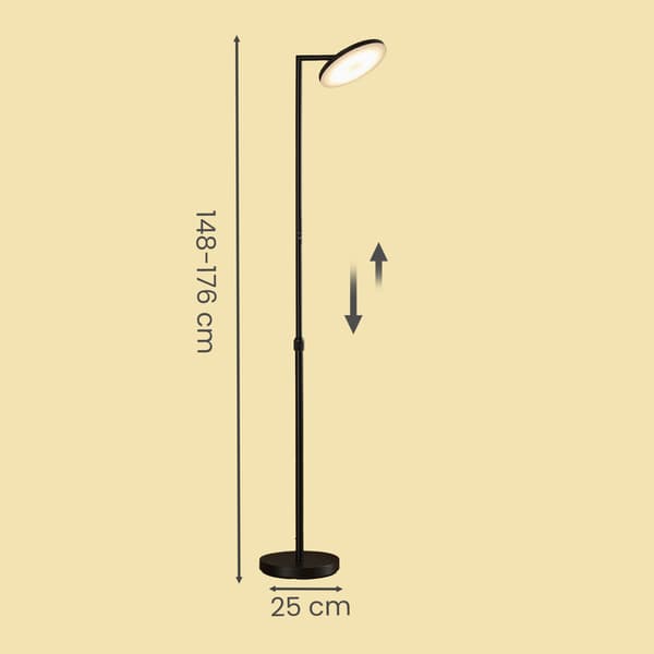 LED-gulvlampe med justerbar høyde, roterbart lampefeste, timer