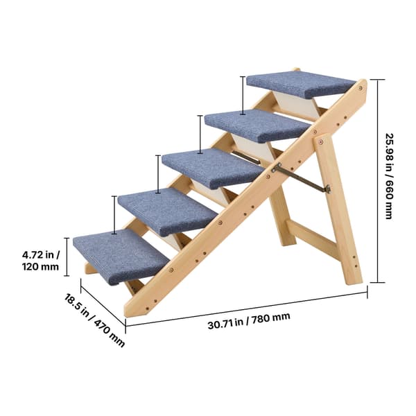 Kæledyrstrappe, 5-trins foldbart trædesign, 78x47x66 cm, brun