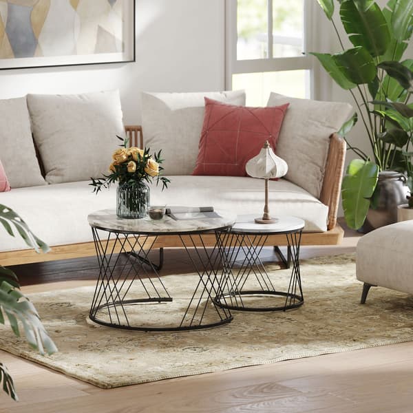 Sofabord 2-Pak, Marmorlook, Spånplade, Metal, Rund, Nesting, Grå+Hvid